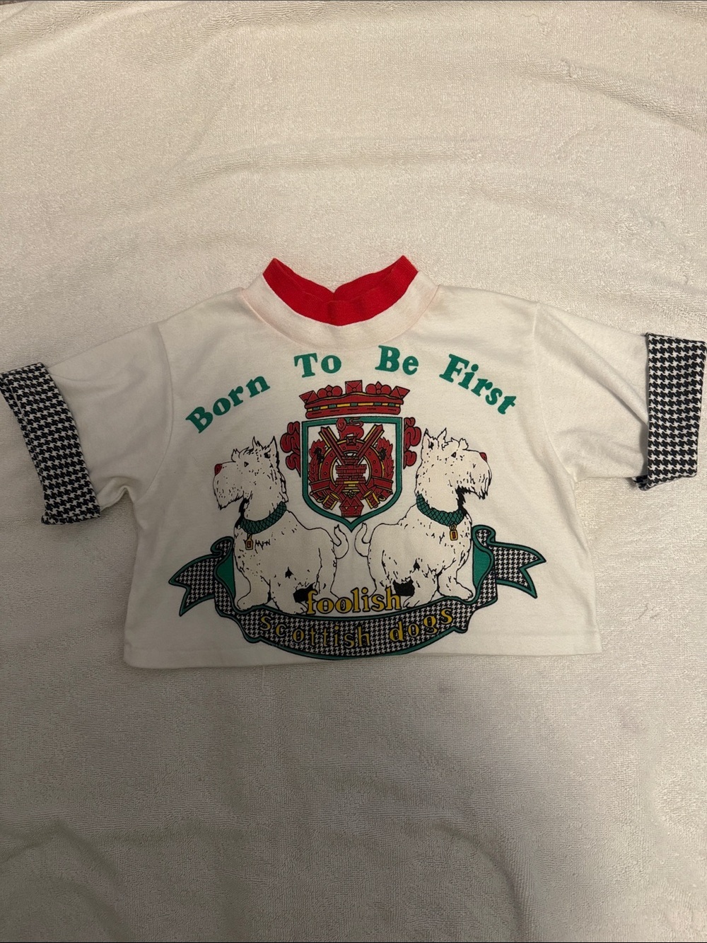 White & Red Kids Graphic Tee with Crest and Dogs
